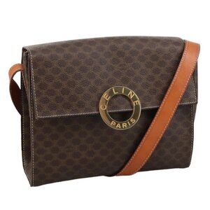 Authentic CELINE Macadam Canvas Shoulder Bag PVC Leather Brown Gold